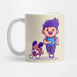 Cute Boy Running With Dog Cartoon Mug